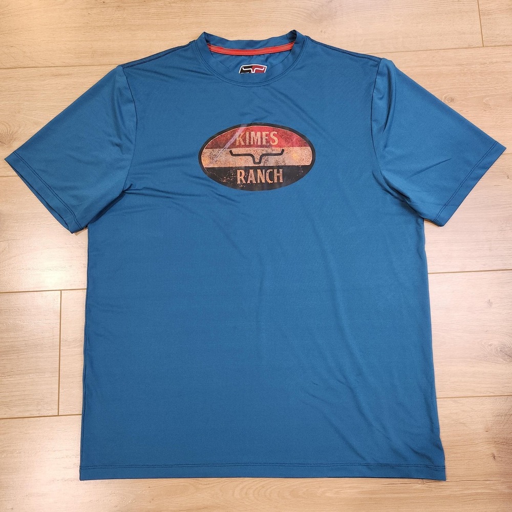 Kimes Ranch Shirt Mens Large Blue Short Sleeve Performance Cowboy Logo Top